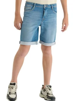 Short en coton bleu à coupe droite pourvu de multiples poches