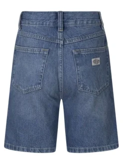 Short en coton bleu à coupe droite pourvu d'une maille aspect délavé