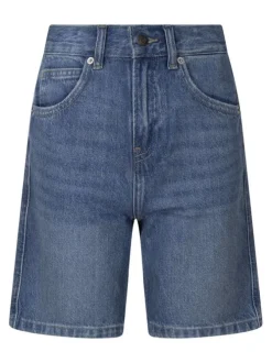 Short en coton bleu à coupe droite pourvu d'une maille aspect délavé