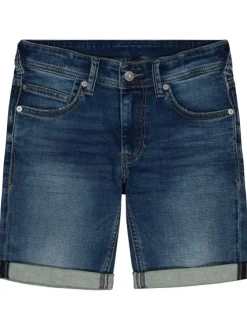 Short en coton indigo délavé avec une coupe droite et des revers