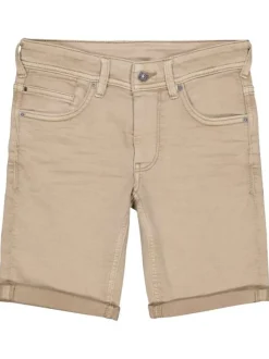 Short en coton mélangé beige uni avec une coupe droite et des revers