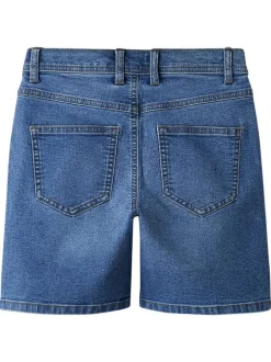 Short en coton mélangé bleu uni pourvu d'un effet délavé et de multiples poches