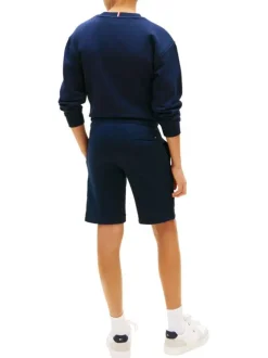 Short en coton mélangé marine à coupe droite pourvu de poches plaquées