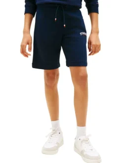 Short en coton mélangé marine à coupe droite pourvu de poches plaquées