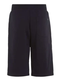 Short en coton mélangé marine uni avec une coupe droite et poches latérales