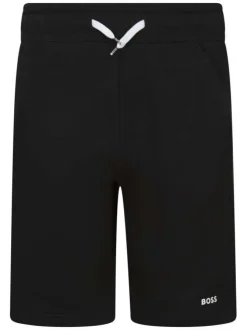 Short en coton mélangé noir uni avec une coupe droite et une taille élastiquée