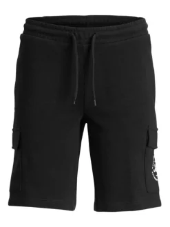 Short en coton noir uni coupe cargo avec des poches avec rabat aux cuisses