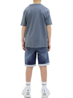 Short indigo à coupe droite à revers pourvu de multiples poches