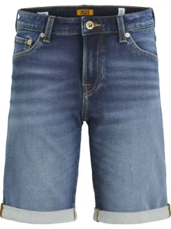 Short indigo à coupe droite à revers pourvu de multiples poches
