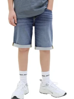 Short indigo à coupe droite à revers pourvu de multiples poches