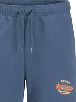 Short jogging en coton bleu avec 2 poches et logo imprimé en orange et blanc
