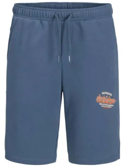 Short jogging en coton bleu avec 2 poches et logo imprimé en orange et blanc