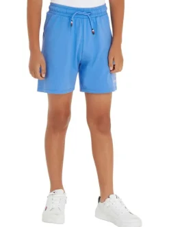 Short jogging en coton mélangé bleu uni avec une coupe droite