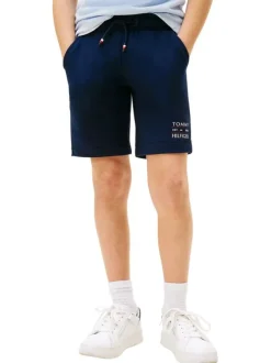 Short jogging en coton mélangé bleu marine uni à coupe droite avec des poches