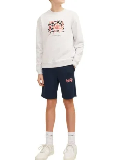 Short jogging en coton mélangé marine avec logo imprimé en rouge et blanc
