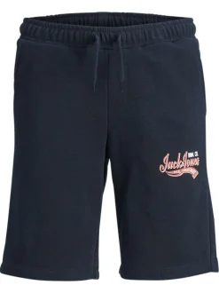 Short jogging en coton mélangé marine avec logo imprimé en rouge et blanc