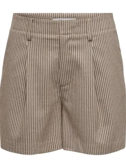 Short beige imprimé Prince de Galle avec une coupe droite et une taille haute