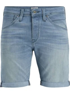 Short bleu à coupe droite pourvu de multiples poches plaquées