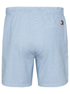 Short bleu rayé en coton avec une coupe droite et un lien de serrage à la taille