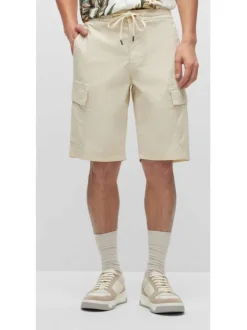 Short Cargo en coton beige uni avec 6 poches et lien à nouer