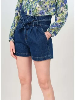 Short Chino bleu en coton uni avec une coupe droite et des poches plaquées à l'arrière