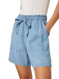 Short chino bleu uni pourvu d'une coupe droite et d'une taille élastiquée