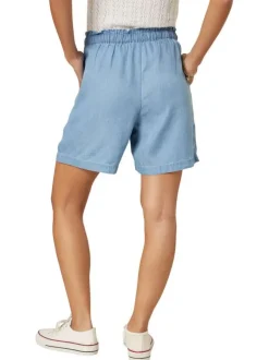 Short chino bleu uni pourvu d'une coupe droite et d'une taille élastiquée