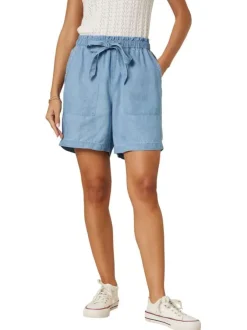 Short chino bleu uni pourvu d'une coupe droite et d'une taille élastiquée