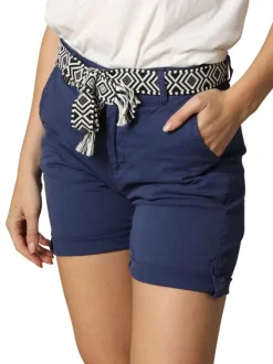 Short chino en coton bleu marine uni à coupe slim fit avec une ceinture