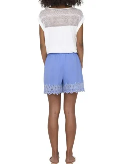 Short chino en coton bleu uni avec une coupe droite et une taille élastiquée