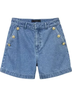 Short Chino en coton indigo uni avec des poches et boutons décoratifs