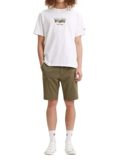 Short Chino en coton kaki uni coupe regular fit à poches passepoilées