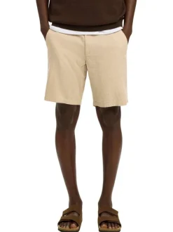 Short Chino en lin et coton beige uni avec un cordon de serrage à la taille