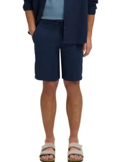 Short Chino en lin et coton marine uni avec une coupe droite