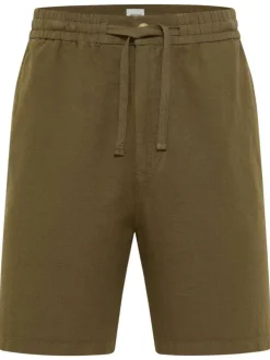 Short Chino kaki uni en coton et lin mélangé avec une coupe droite