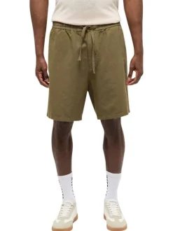 Short Chino kaki uni en coton et lin mélangé avec une coupe droite