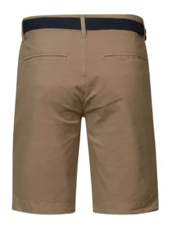 Short Chino 5 poches, en coton stretch beige, à ceinture tressée bleu marine