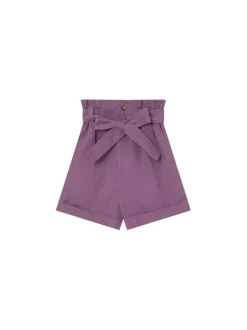 Short chino violet en coton coupe paperbag avec taille élastiquée et revers