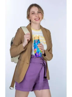 Short chino violet en coton coupe paperbag avec taille élastiquée et revers