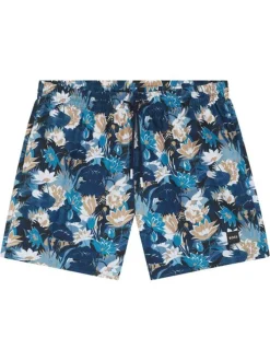 Short de bain bleu à coupe ajustée pourvu d'un imprimé floral