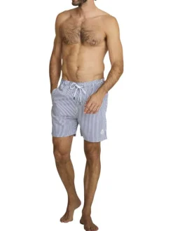 Short de bain bleu et blanc à coupe ajustée pourvu d'une taille élastiquée