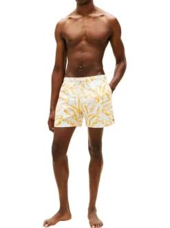 Short de bain ciel à coupe ajustée orné d'un motif végétal contrasté