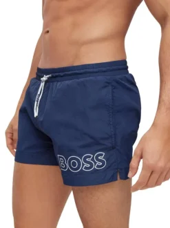 Short de bain court bleu marine uni à coupe regular fit avec le logo imprimé