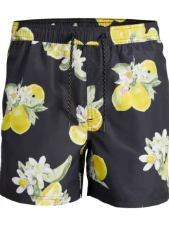 Short de bain Fiji noir imprimé avec coupe droite et poche plaquée à l'arrière