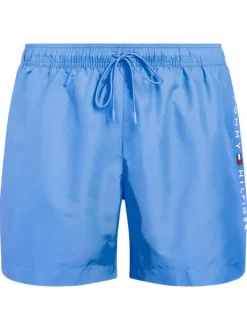 Short de bain Grande Taille bleu uni avec taille élastiquée et marque latérale