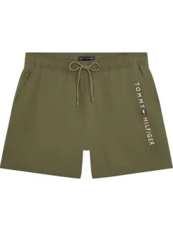 Short de bain kaki à coupe ajustée pourvu du nom de la marque