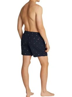 Short de bain marine avec drapeaux brodés all-over et taille élastiquée