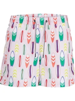 Short de bain multicolore imprimé coupe droite et liens rayés à la taille