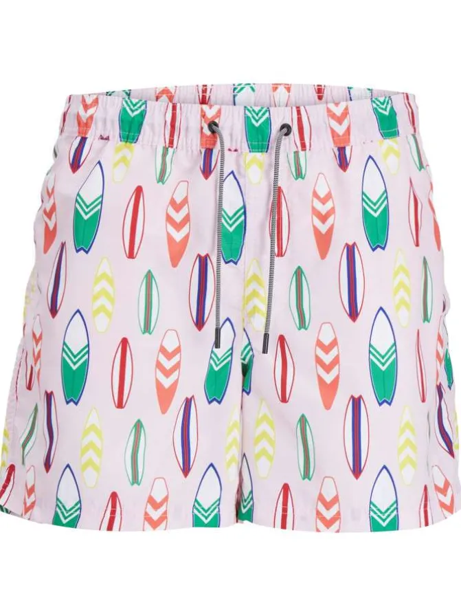 Short de bain multicolore imprimé coupe droite et liens rayés à la taille