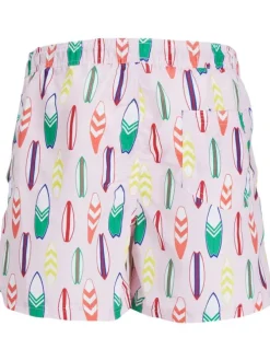 Short de bain multicolore imprimé coupe droite et liens rayés à la taille